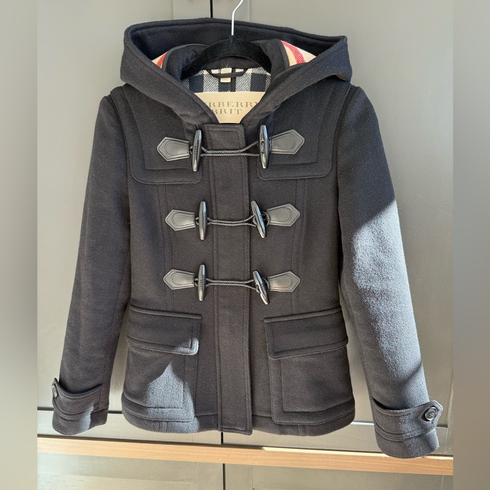 Burberry Britt Wool Black Coat w/ Hood & Signature Check Lining & Toggle • 2 - Picture 3 of 14